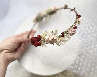 Flower wreath for bride in burgundy, bridal wreath decorated on both sides, bridal flowers, wedding accessories, wedding flowers, wedding headband