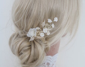 Bridal Hairpins: Elegant white and cream design. Features preserved Gypsophila. Customizable for brides, grooms & more.