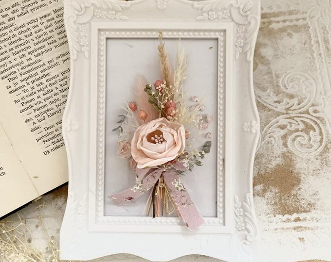 Pink Rose Arrangement Dried Flowers Wall Display Bedroom Decor Nursery Art Blush Pink Bloom Frame Wedding Keepsake Cottage Style Farmhouse