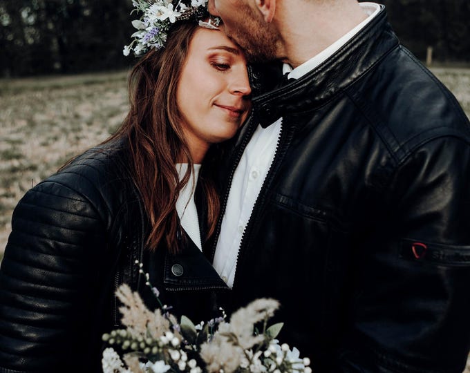Wedding Set - Boho Style Bridal Bouquet and Wreath with Natural Materials and Premium Textile Flowers,