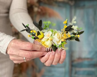 Bridal floral Hair Comb Yellow Roses comb Real Flowers Preserved Greenery Romantic Weddings Bridal Hair Clip Dried flower hair Bride piece