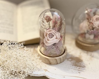 Preserved Flowers Gift for Bride Wedding Ring Holder Display Glass Dome Flower Arrangement Pink Cloche Keepsake Present Bridal Set Wedding