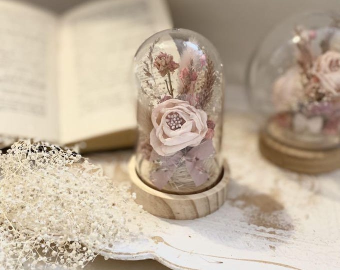 Preserved Flowers Gift for Bride Wedding Ring Holder Display Glass Dome Flower Arrangement Pink Cloche Keepsake Present Bridal Set Wedding