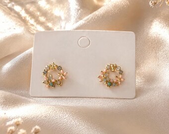 Gold Plated Flower Wreath Studs - Green Pink Zircon Earrings - Minimalist Floral Jewelry - Delicate Dainty Studs - Elegant Gift for Women
