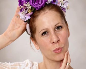 Wedding Headband Purple Accent Preserved Rose Gold Crown Bridal Clip Flower Accent Wedding Gift Bridesmaid Present Headpiece Set Wedding