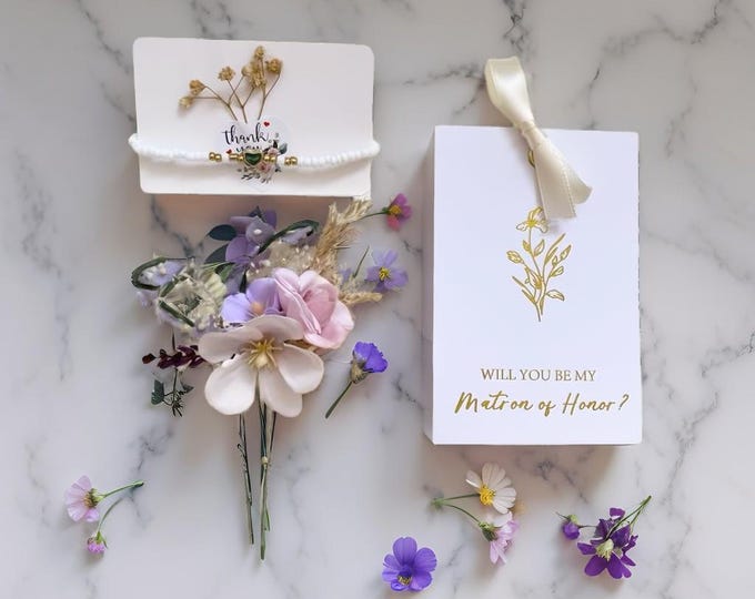 Elegant Maid of Honor Gift Box with Pastel Flower Hairpin, Pearl Bracelet & 'Will You Be My Matron of Honor?' CardMaid of honor proposal