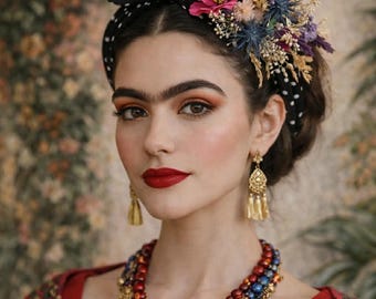 Elegant Black Pin-Up Headband with Purple Flowers Countryside crown Frida Kahlo Inspired Headband Bridesmaid Boho wedding flower crown