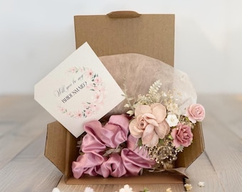Vintage Pastel Bridesmaid Gift Box with Powder Comb, Dusty Rose Satin Scrunchie 'Will You Be My Bridesmaid?' Card Gift proposal bridal box