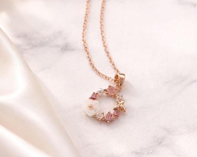 Featured listing image: Gold Flower Wreath Jewelry Set - Pink Crystal Necklace & Earrings - Floral RoseGold Plated Jewelry - Delicate Gift for Her,Sparkling Pink Se