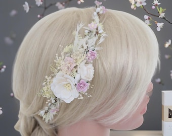Elegant Bridal Hair Wreath with White and Lavender Flowers, Adjustable for Custom Fit, Perfect for Modern Weddings Bridal hair accessories