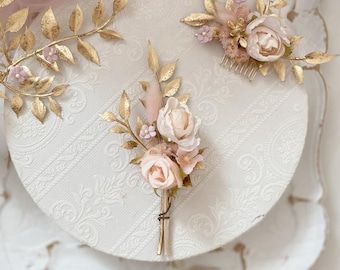 Groom's boutonniere with gold-coloured flowers and delicate rose, groom's boutonniere, boutonnière, buttonhole flower, pocket boutonniere