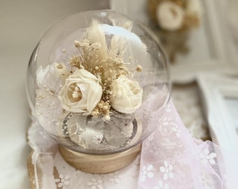 Wedding Ring Holder Artificial Rose Flower Gift Anniversary Present Glass Dome Display Cream Dried Bloom Wedding Keepsake for Bride Ring Box