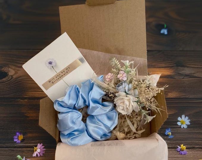 Enchanted Blue Bridesmaid Gift Box with Blue Hair Comb, Satin Scrunchie & 'Will You Be My Bridesmaid?' Card gift proposal bridal box