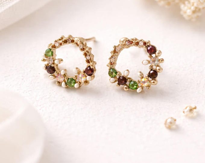 Featured listing image: Floral Wreath Stud Earrings with Sparkling Stones - Elegant Summer Jewelry