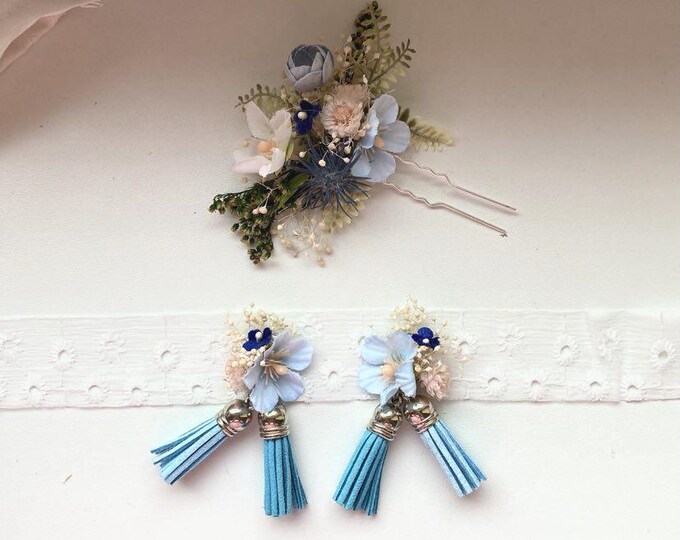 Boho Bridal Hair Clip Blue Flower Pin Wedding Set Bridesmaid Gift Headpiece Bundle Rustic Style Wedding Clip Preserved Flower Bridal Set