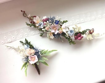 Floral Bridal Headpiece Hair Vine Wedding Crown Ivory Accent Pearl Clip Boutonniere Set Bridesmaid Gift Custom Design Wedding Decor Bridal
