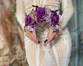 Frida Kahlo Headband Purple Accent Preserved Rose Gold Crown Bridal Clip Flower Accent Wedding Gift Bridesmaid Present Headpiece Set Wedding