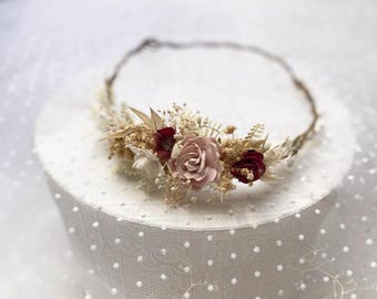 Elegant bridal wreath made of quality paper flowers and preserved baby's breath.Perfect for weddings, festivals, or celebrations.