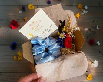 Rustic Country Bridesmaid Proposal Box with Meadow-Style Flower Bouquet and Satin Hair Scrunchie Will you be my bridesmaid gift proposal box