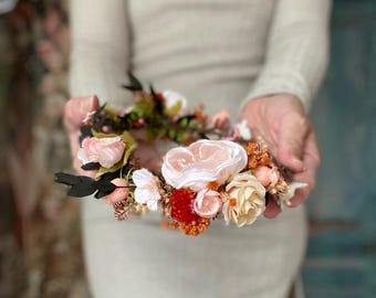 Elegant Orange Floral Hair Wreath with Preserved Greenery Bridal crown Boho wedding hair flowers Wedding Hair Accessory Bridal Headpiece