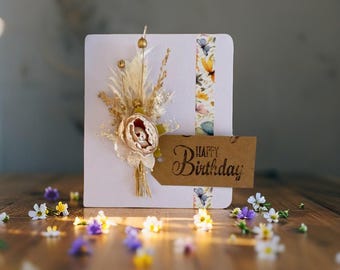 Elegant 'Happy Birthday' Card with Beige Flowers Gold Accents for Personalized Gifts Dried Flower Bouquet Personalized gift Memory keepsake