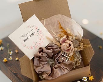 Luxurious Bridesmaid Gift Box in Earth Tones with Elegant Hair Comb Satin Scrunchie 'Will You Be My Bridesmaid?' Card Gift proposal box