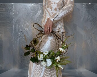 Greenery Flower Bouquet for Wedding White Roses Floral Wreath Bridal Arrangement Boho Style Rustic Decor Wedding Centerpiece Bridal Gift Set