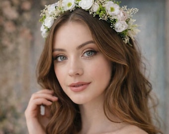 Elegant White and Greenery Bridal Hair Wreath Romantic greenery hair wreath Greenery wedding flower hair crown Rustic wedding Accessories