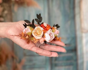 Stunning Orange Bridal Hair Comb with Lifelike Flowers and Preserved Greenery for Autumn Weddings Bridal Hair Clip Dried flower hair piece