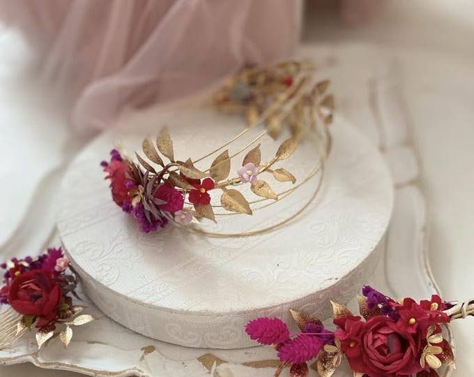 Fairy crown in magenta, elegant hair accessory for the bride in vintage style, fairy wreath, romantic floral decoration, bridal flowers, wedding accessories