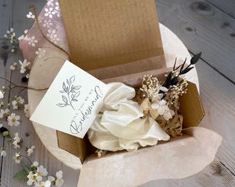 Greenery Style Bridesmaid Proposal Box with Eucalyptus Gypsophila Bouquet and Satin Hair Scrunchie Will you be my bridesmaid proposal box