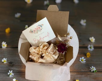 Romantic Bridesmaid Proposal Box with Dried Roses, Gold Accents, and Satin Hair Scrunchie Will you be my bridesmaid proposal box