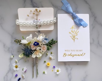 Timeless Bridesmaid Gift Box with Flower Hairpin, Pearl Heart Bracelet Will You Be My Bridesmaid? Card Proposal box Bridal accessories