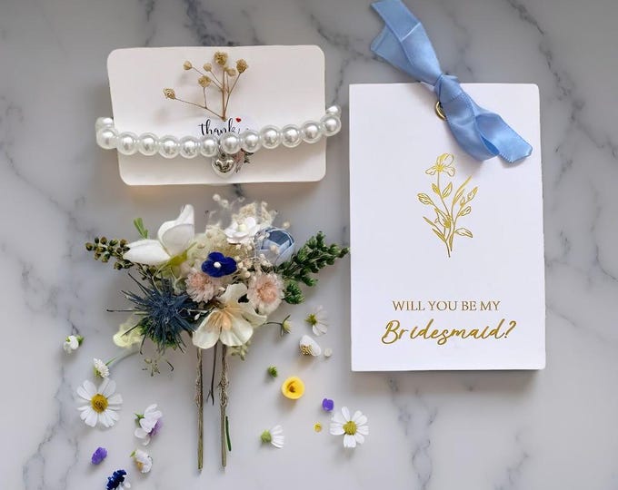 Timeless Bridesmaid Gift Box with Flower Hairpin, Pearl Heart Bracelet Will You Be My Bridesmaid? Card Proposal box Bridal accessories
