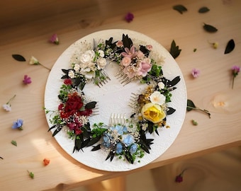 Colorful rainbow hair combs with preserved greenery Boho Wedding Roses Comb Romantic Personalized Bridal Gift dried flower hair comb