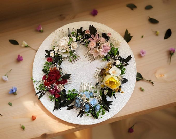 Colorful rainbow hair combs with preserved greenery Boho Wedding Roses Comb Romantic Personalized Bridal Gift dried flower hair comb
