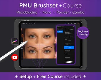May include: A digital tablet displaying a PMU Brushset Course interface with text reading PMU Brushset Course, Microblading, Nano, Powder, Combo, and Beginner friendly. The screen shows a before and after eyebrow illustration with a stylus pen.