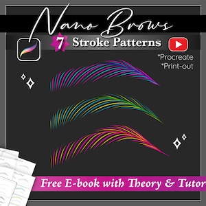 Può includere: Grafica digitale con il testo "Nano Brows" e "7 Stroke Patterns". L'immagine presenta tre modelli di tratti di sopracciglia colorati, un logo Procreate e il testo "Free E-book with Theory & Tutorial."