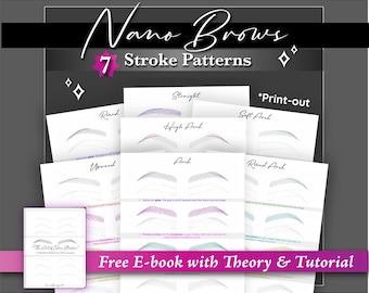 May include: A promotional image for "Nano Brows" featuring seven stroke patterns. The image includes print-out examples of eyebrow shapes, such as Round, Straight, and Arch. A free e-book with theory and tutorial is also advertised.