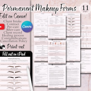 Formulários de maquiagem permanente, fáceis de editar no Canva com tutorial em vídeo, preencha digitalmente ou imprima 11 páginas de instruções para seguir