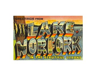 LAKE NORFORK OZARKS Greetings From - vintage postcard digital download image - vntg large letters souvenir printable art -junk journal cards
