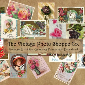 Birthday Greetings Digital Vintage Postcards to print, Antique 1900's, ephemera for Junk Journals, scrapbooking, cards, 18 fronts + 18 backs