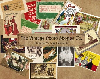 Digital printable vintage postcards, Humor, Antique 1900's, ephemera for Junk Journals, scrapbooking, 18 fronts + 18 backs