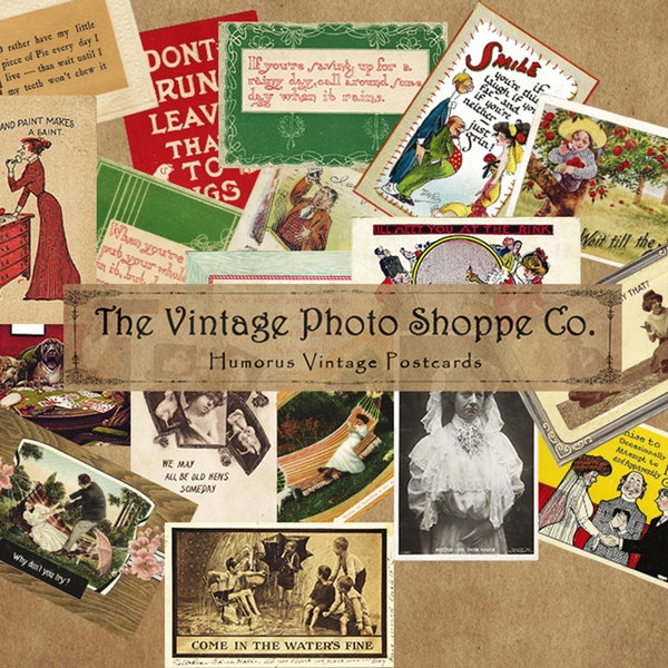 Digital printable vintage postcards, Humor, Antique 1900's, ephemera for Junk Journals, scrapbooking, 18 fronts + 18 backs