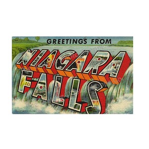 NIAGARA FALLS GREETINGS From - vintage Curt Teich linen postcard digital download image large letters souvenir printable art junk journal