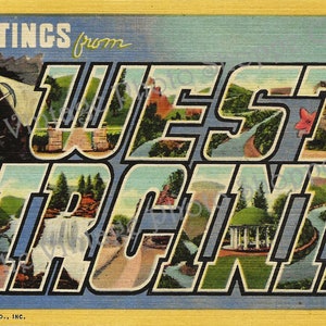 SAUDAÇÕES DA VIRGÍNIA OCIDENTAL De - cartão postal de linho vintage Curt Teich download digital imagem letras grandes cartão arte para impressão lixo diário tags