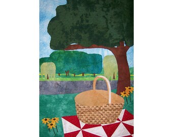 Large Landscape Art Quilt, Fabric Wall Hanging, Fiber Art, Picnic at Ellis Pond