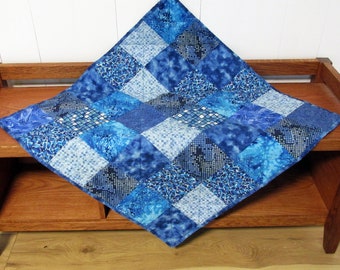 Blue Patchwork Baby Quilt, Handmade Cotton Nursery Blanket (30x30)