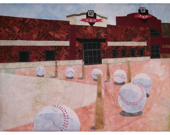 Small Landscape Art Quilt, Fabric Wall Hanging, Fiber Art, Baseballs and Bats