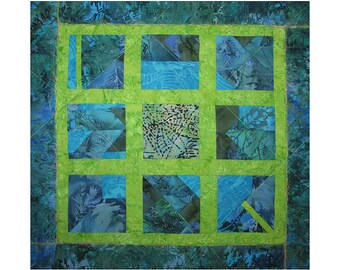 Art Quilt, Fabric Wall Hanging, Blue & Green Fiber Art, Abstract Window Art, Window Web